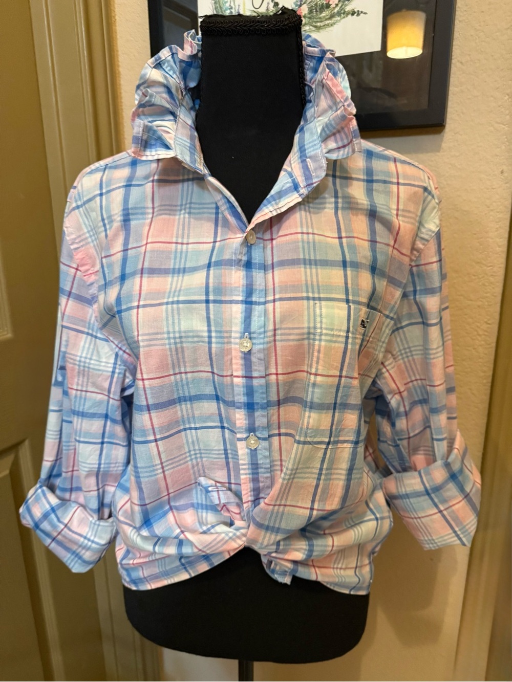 Upcycled Vineyard Vines Light Blue & Pink Plaid Button-Up Shirt -Size M - Picture 2 of 8
